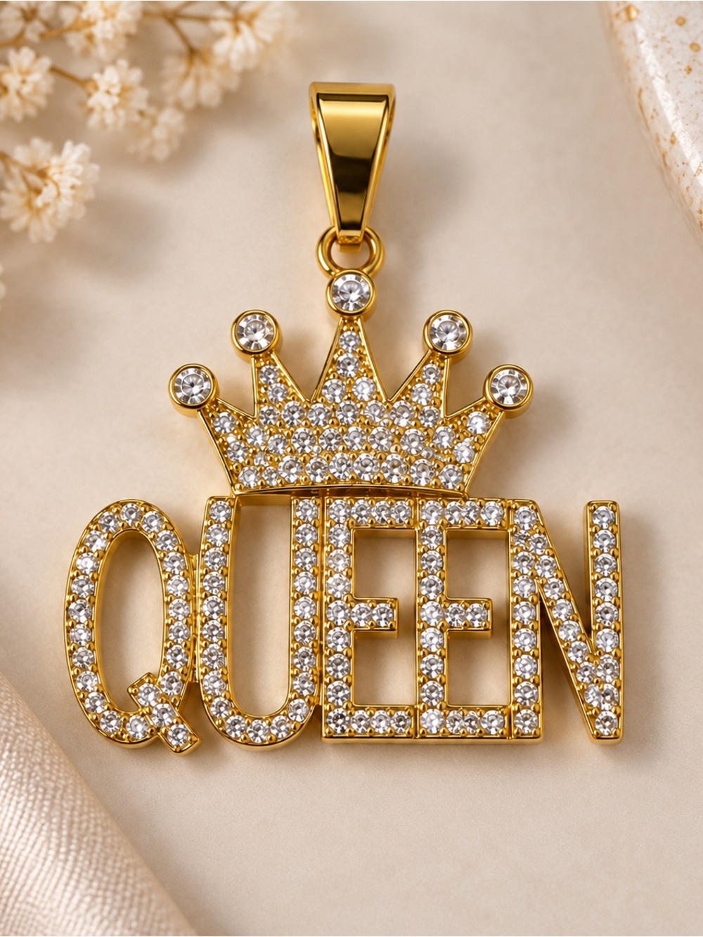 QUEEN Gold Crystal Crown Pendant Necklace